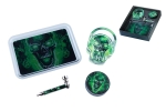 Geschenk Set Grinder/Pipe/Ascher/Tray, Skull/grün
